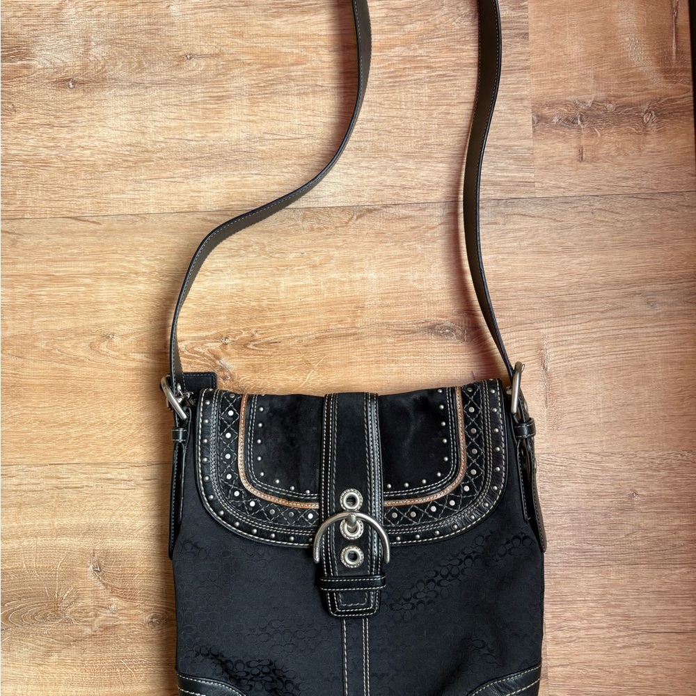 Vintage Y2K Coach Soho Black Crossbody Bag with Stud & Buckle Accents